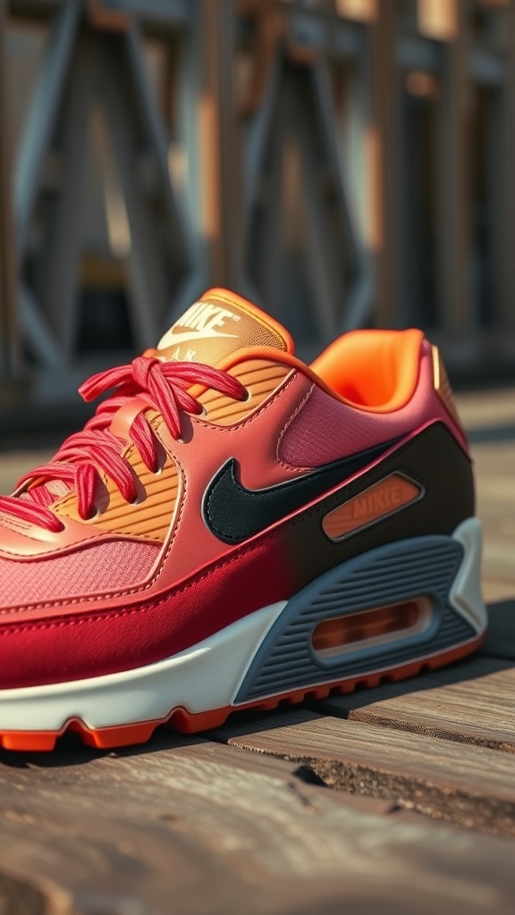 Close-up of Nike Air Max 90 Bacon sneaker on wooden surface, displaying vibrant colors and premium materials.